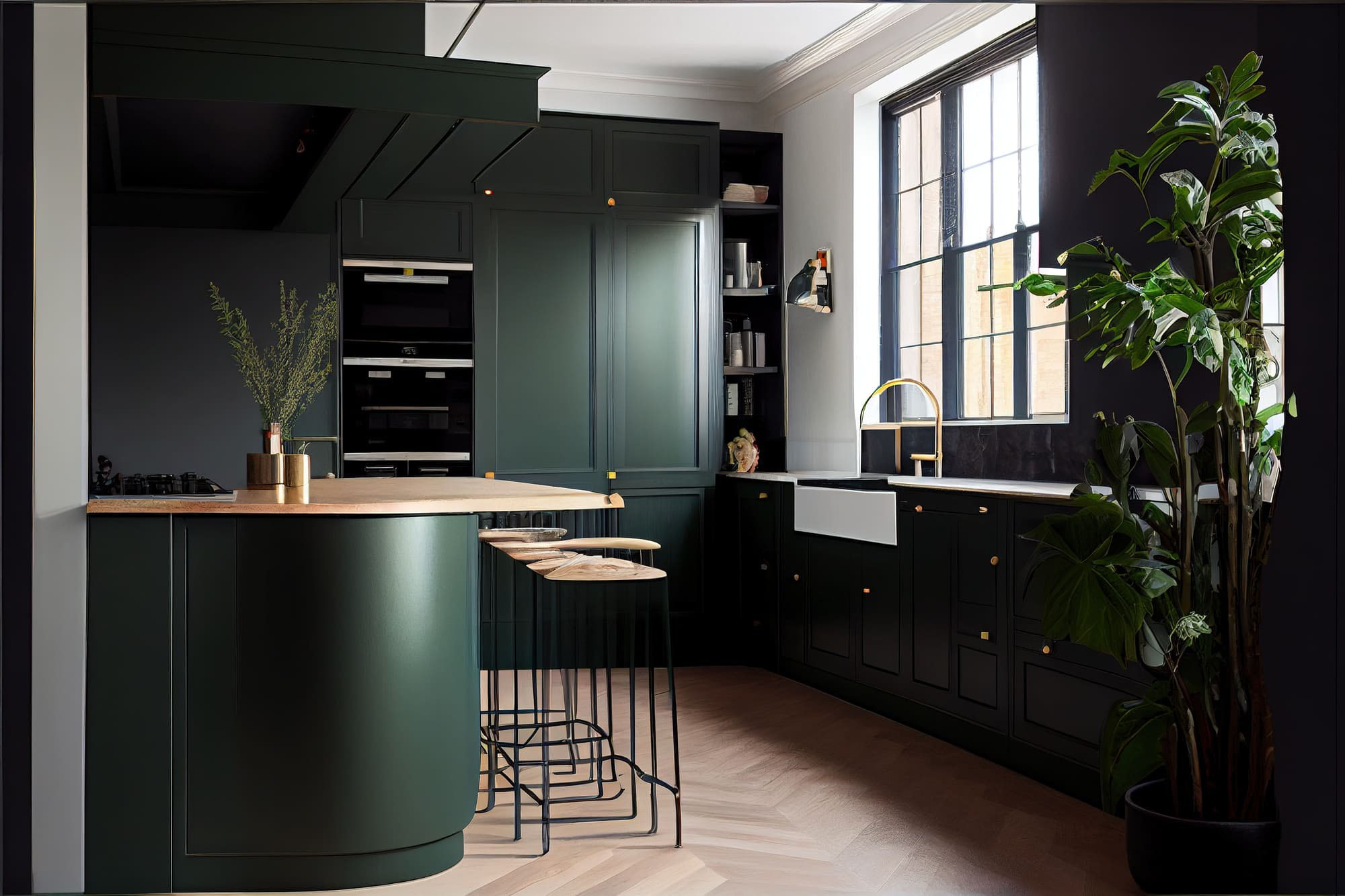 green kitchen made of laminates